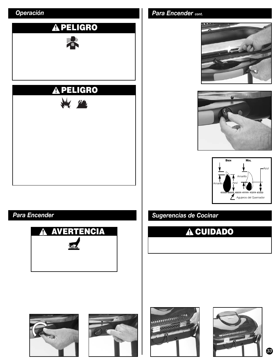 Cuidado, Peligro, Avertencia | Para encender, Sugerencias de cocinar, Operación | Coleman 9944 User Manual | Page 33 / 40