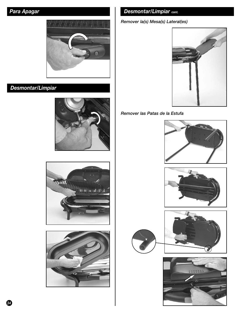 Para apagar desmontar/limpiar, Desmontar/limpiar | Coleman 9944 User Manual | Page 34 / 40