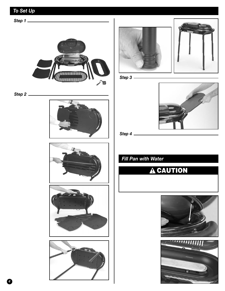 Caution, Fill pan with water, Step 1 | Step 2, Step 3 step 4 | Coleman 9944 User Manual | Page 4 / 40