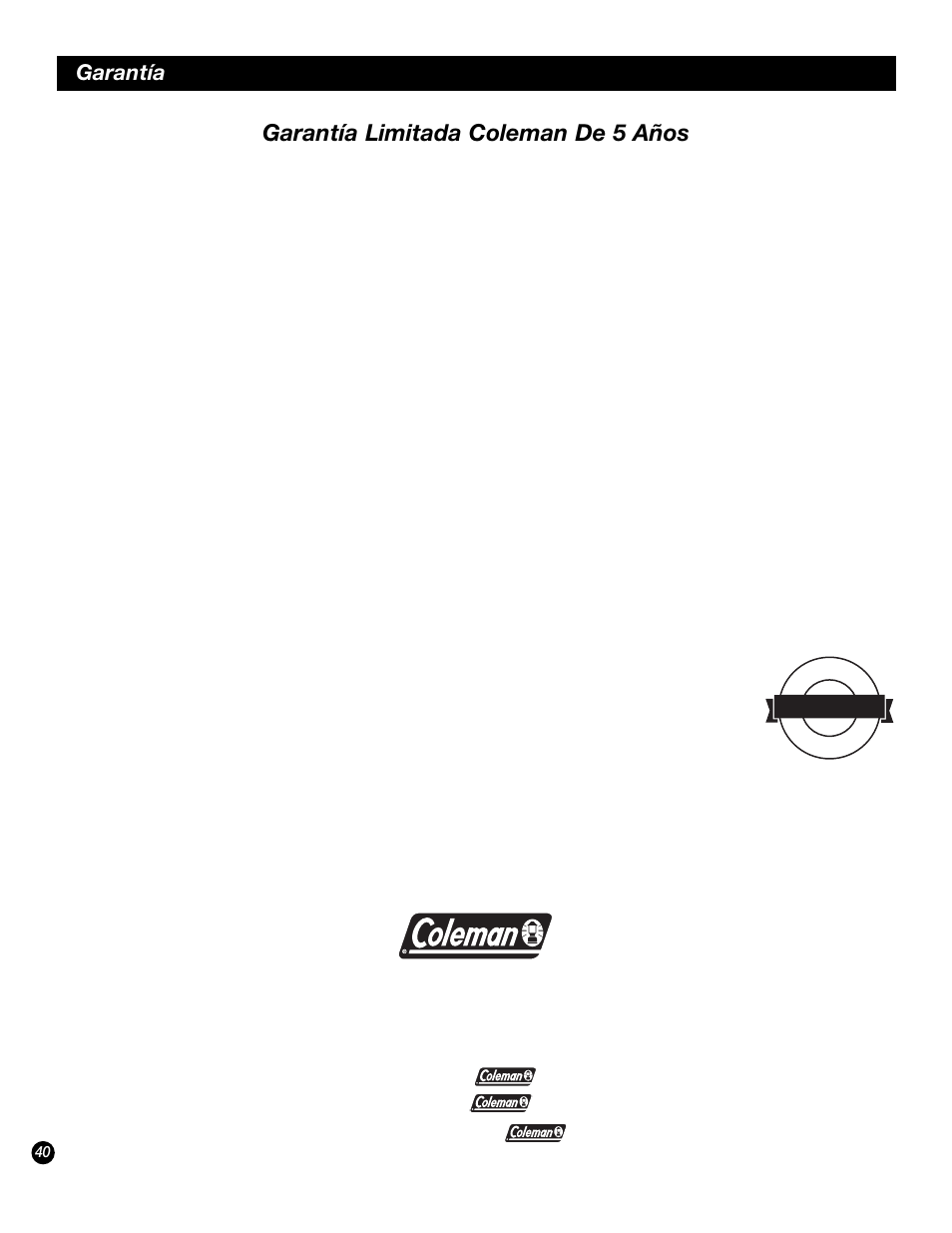 Garantía limitada coleman de 5 años, Garantía | Coleman 9944 User Manual | Page 40 / 40