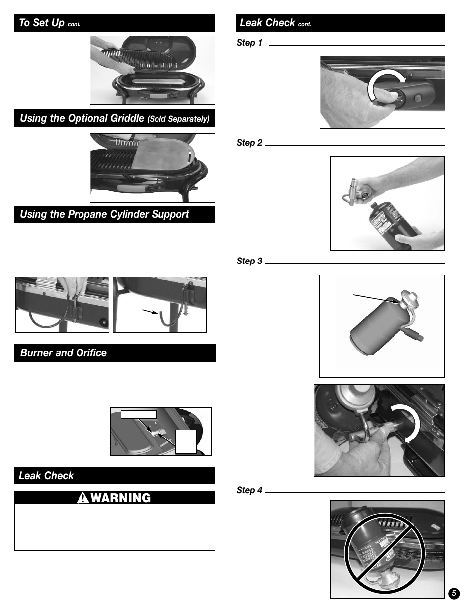 Warning, Leak check, Using the optional griddle | Using the propane cylinder support, Burner and orifice | Coleman 9944 User Manual | Page 5 / 40