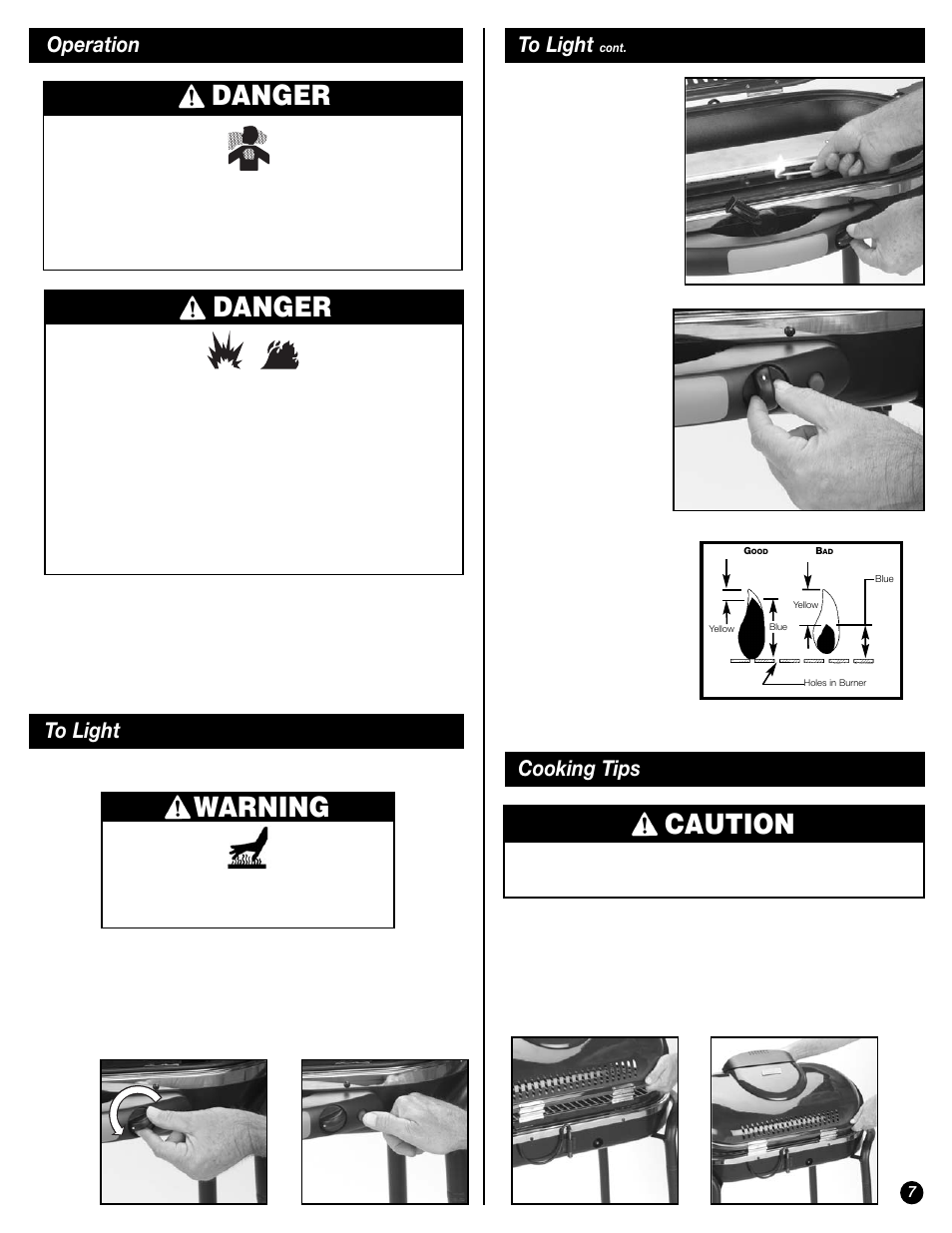 Caution, Danger, Warning | Cooking tips, Operation to light | Coleman 9944 User Manual | Page 7 / 40