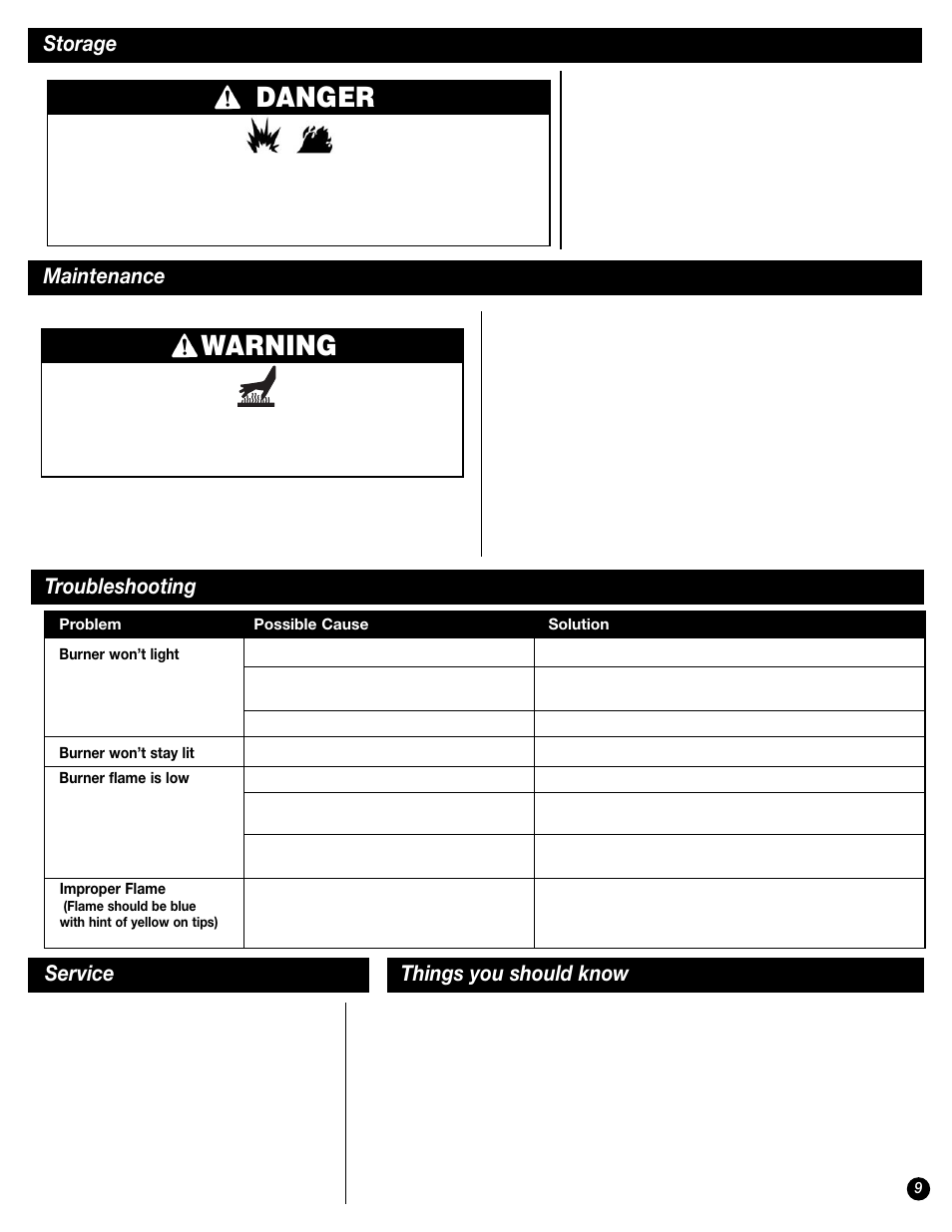 Warning, Danger, Storage maintenance | Troubleshooting, Service, Things you should know | Coleman 9944 User Manual | Page 9 / 40