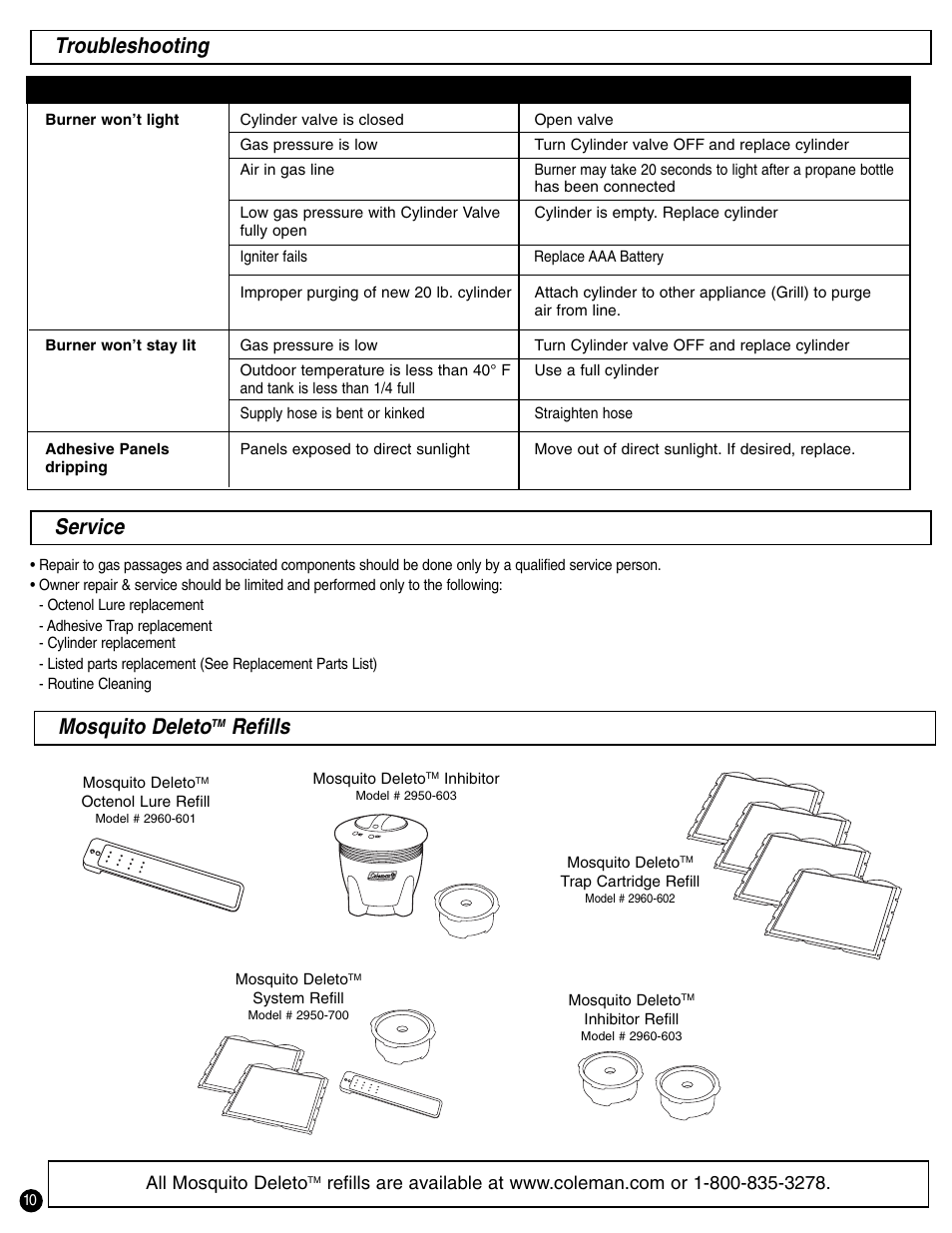 Mosquito deleto, Refills, Service | Troubleshooting | Coleman 2200 SYSTEM User Manual | Page 10 / 12