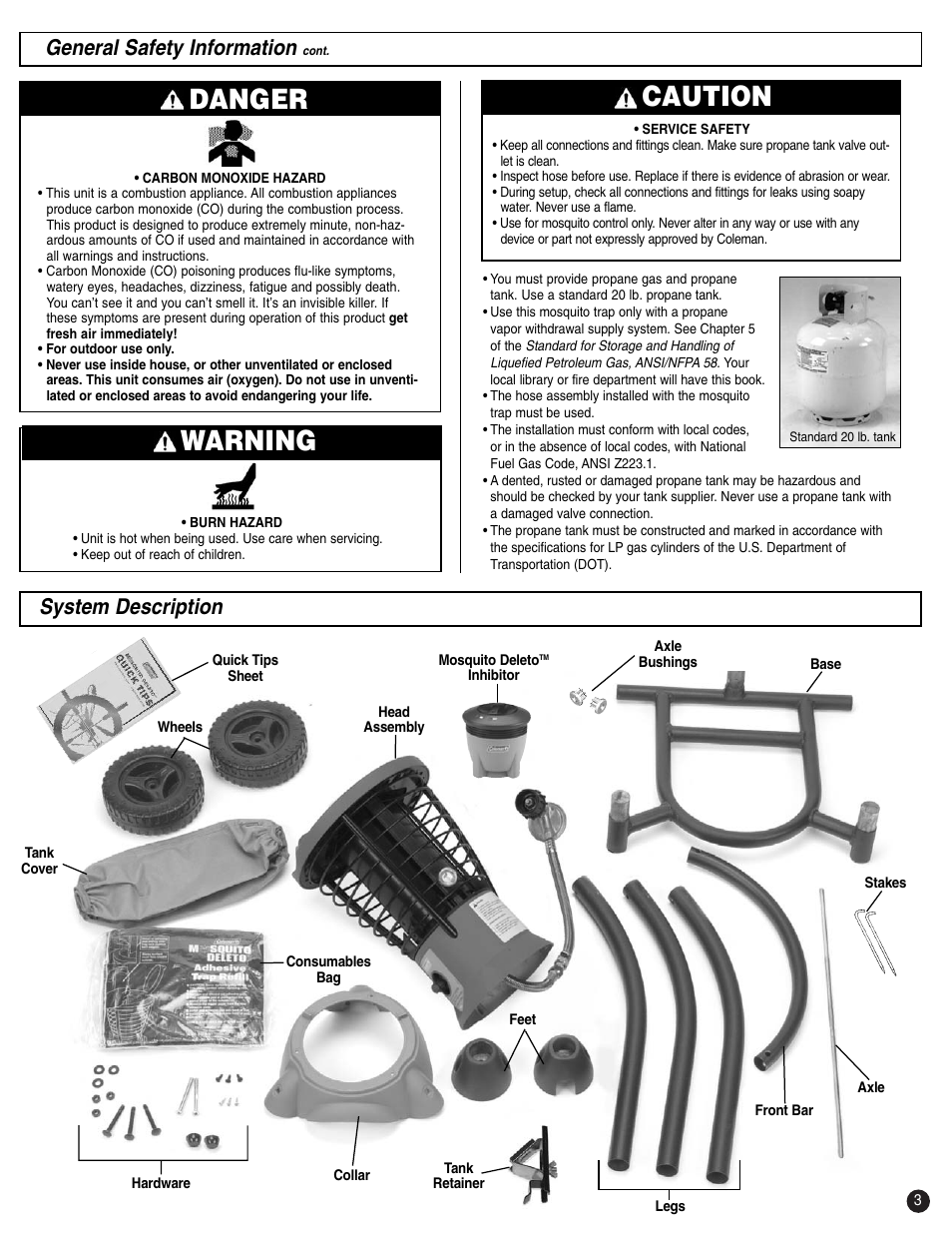 Warning, Caution, Danger | General safety information, System description | Coleman 2200 SYSTEM User Manual | Page 3 / 12