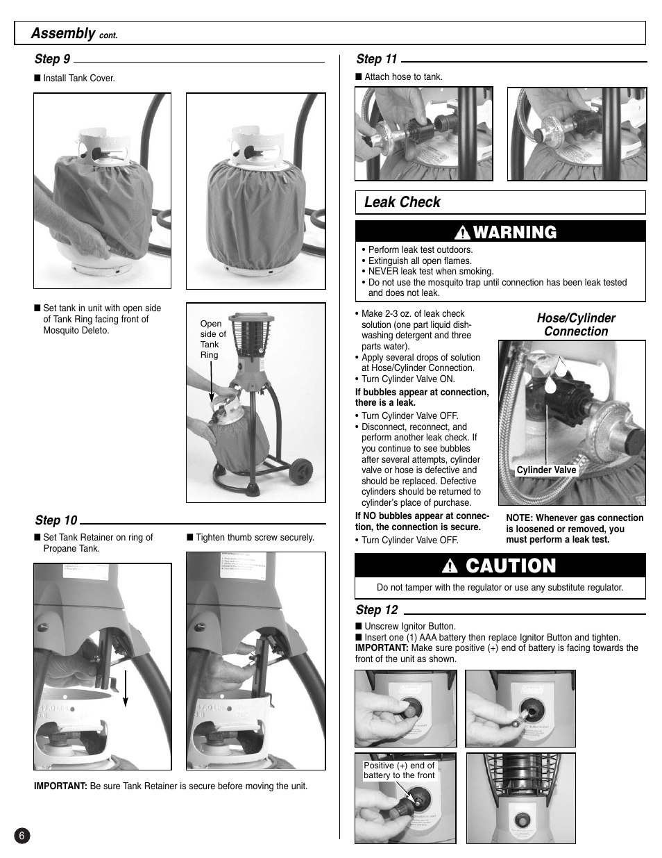 Caution, Warning, Assembly | Leak check | Coleman 2200 SYSTEM User Manual | Page 6 / 12