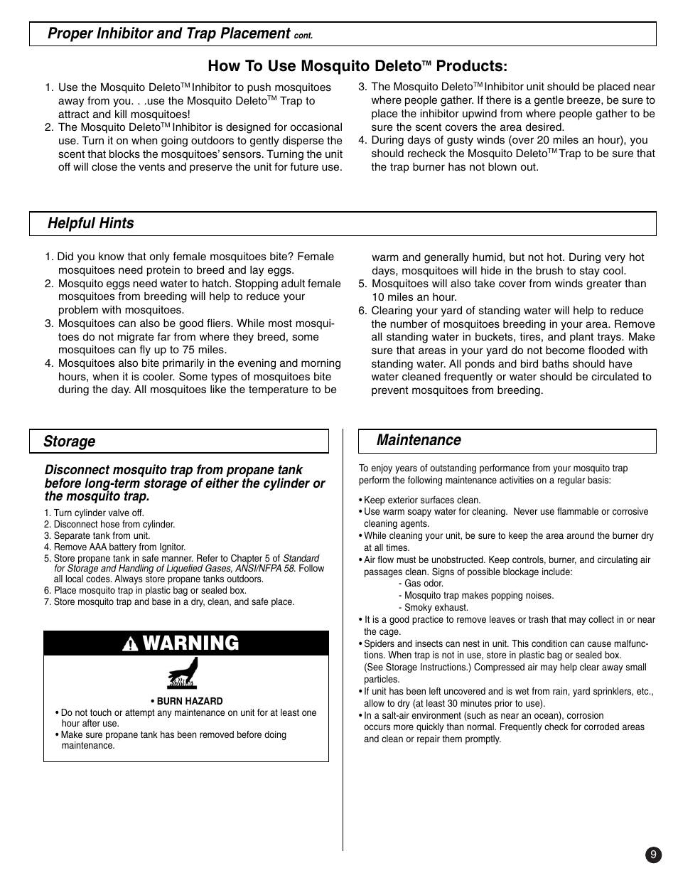 Warning, Maintenance, Storage | How to use mosquito deleto, Products, Helpful hints, Proper inhibitor and trap placement | Coleman 2200 SYSTEM User Manual | Page 9 / 12