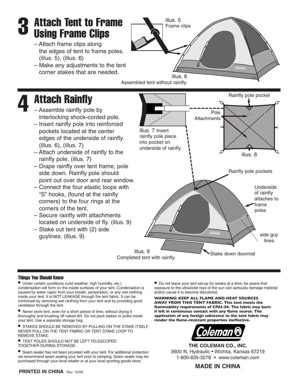 Attach tent to frame using frame clips, Attach rainfly | Coleman Sundome 9180B907 User Manual | Page 2 / 2