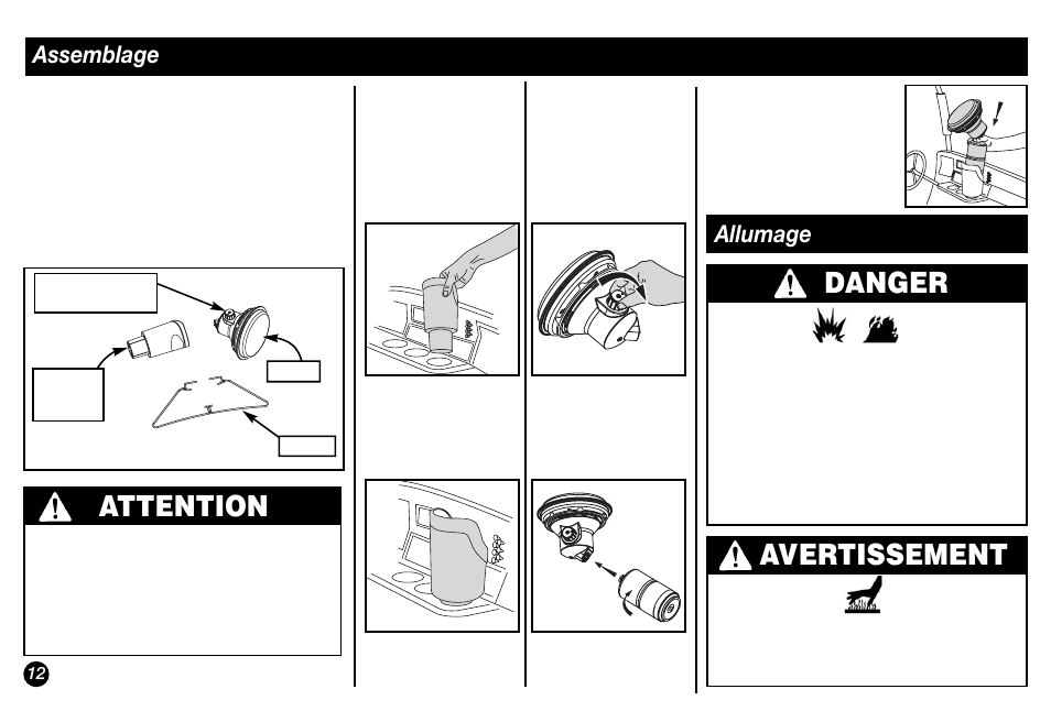 Attention, Danger avertissement, Assemblage | Allumage | Coleman 5029 User Manual | Page 12 / 24