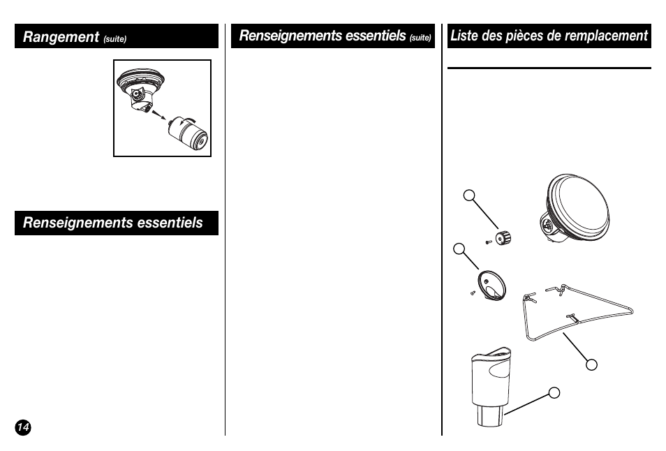 Renseignements essentiels, Rangement, Liste des pièces de remplacement | Coleman 5029 User Manual | Page 14 / 24