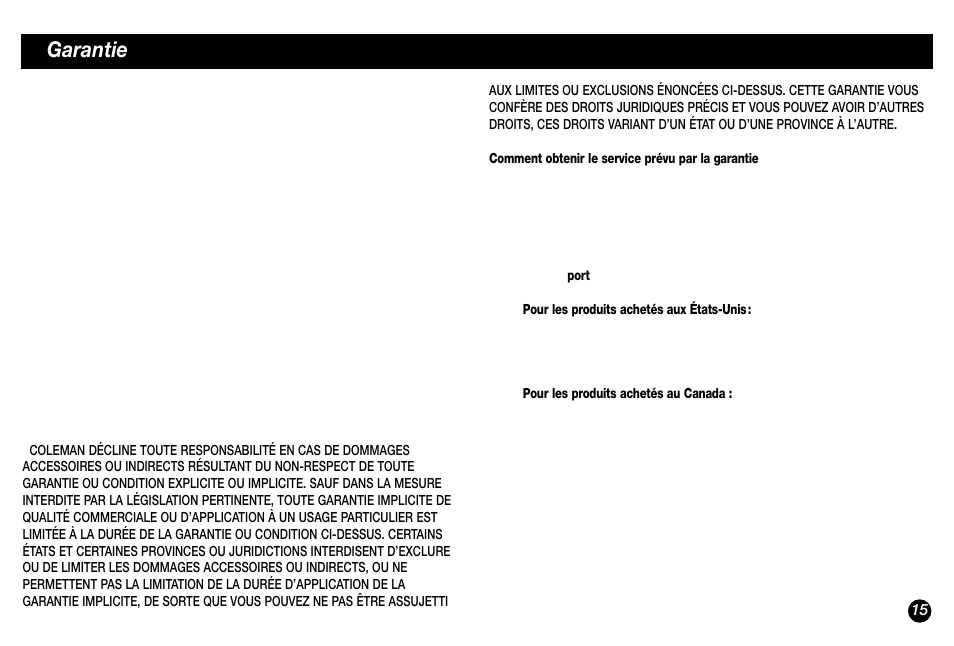 Garantie limitée à vie, Garantie | Coleman 5029 User Manual | Page 15 / 24