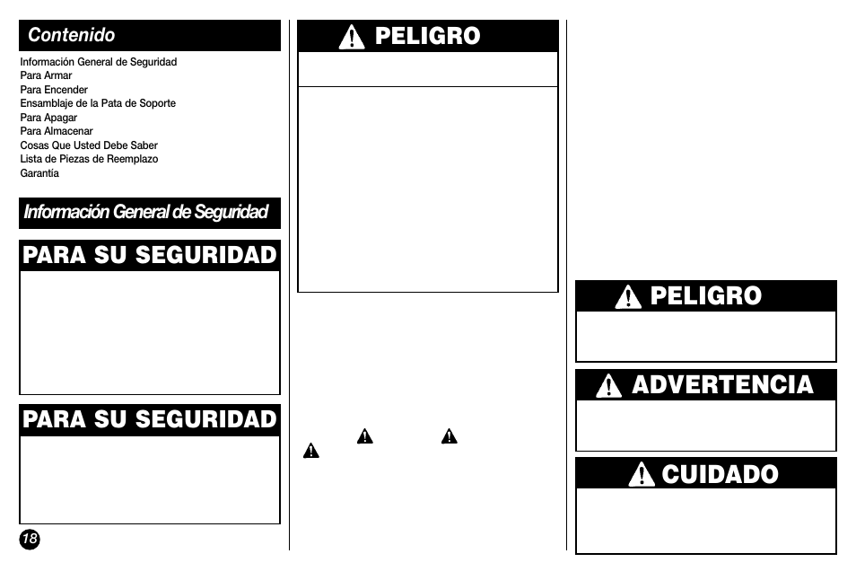 Advertencia, Cuidado, Peligro | Para su seguridad | Coleman 5029 User Manual | Page 18 / 24