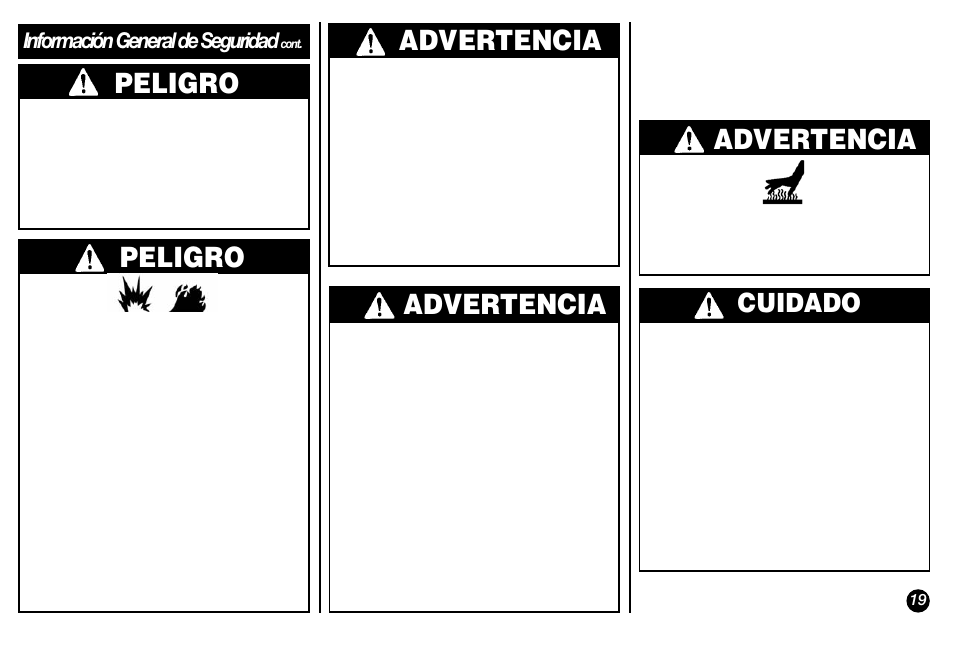 Peligro, Peligro advertencia, Advertencia | Cuidado, Información general de seguridad | Coleman 5029 User Manual | Page 19 / 24