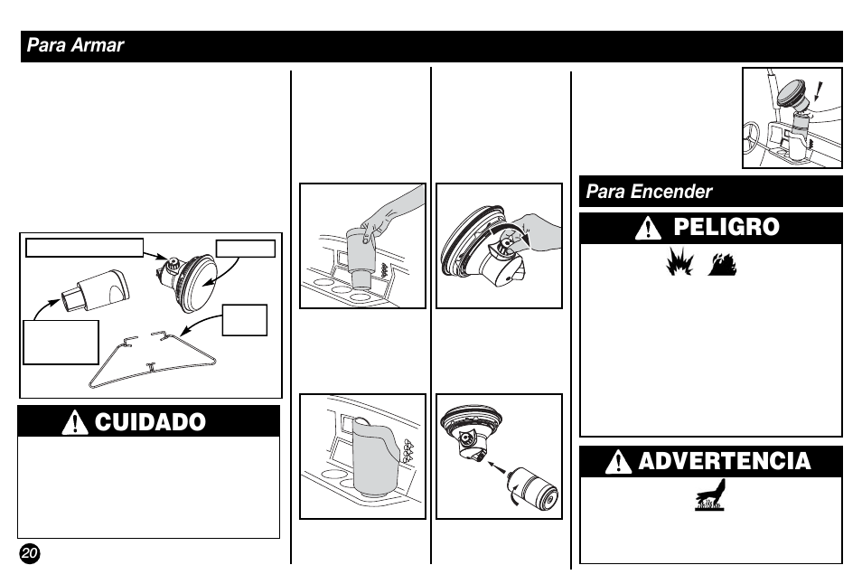 Cuidado, Advertencia, Peligro | Para armar, Para encender | Coleman 5029 User Manual | Page 20 / 24