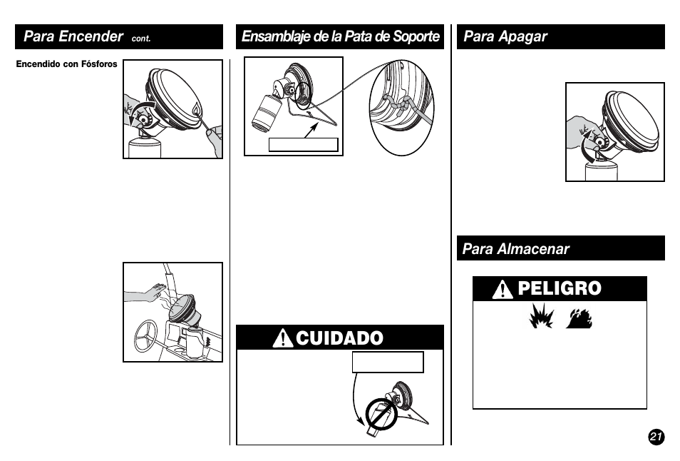 Peligro, Cuidado, Para encender | Para apagar, Ensamblaje de la pata de soporte, Para almacenar | Coleman 5029 User Manual | Page 21 / 24