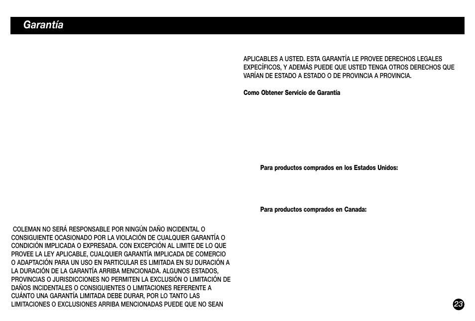 Garantía por vida limitada, Garantía | Coleman 5029 User Manual | Page 23 / 24