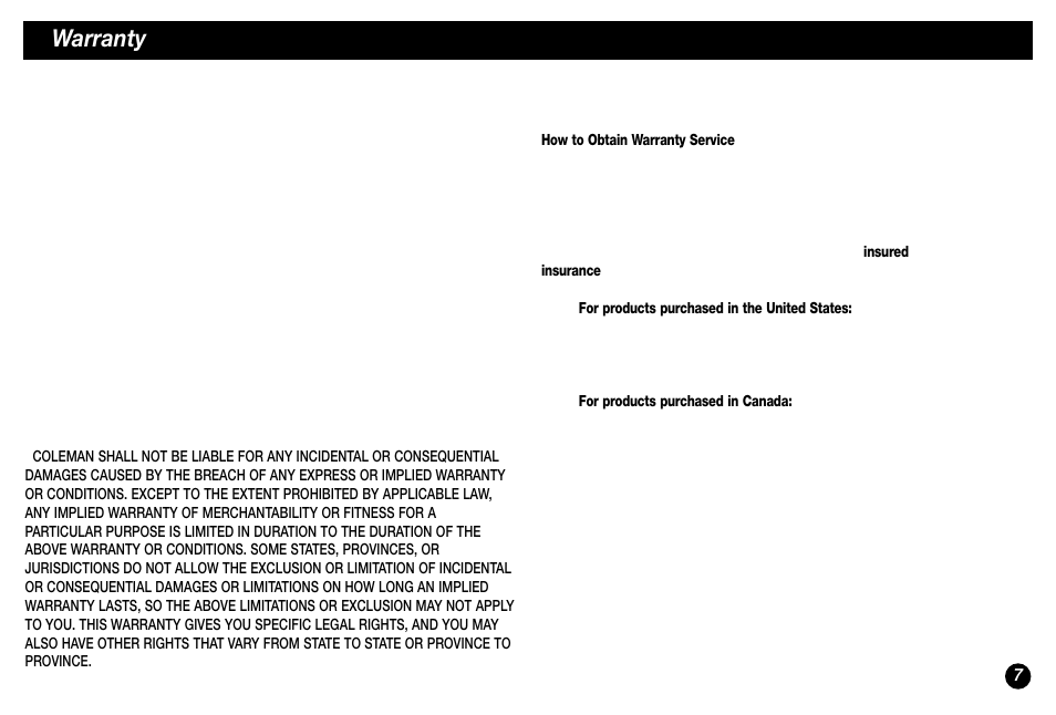 Limited lifetime warranty, Warranty | Coleman 5029 User Manual | Page 7 / 24