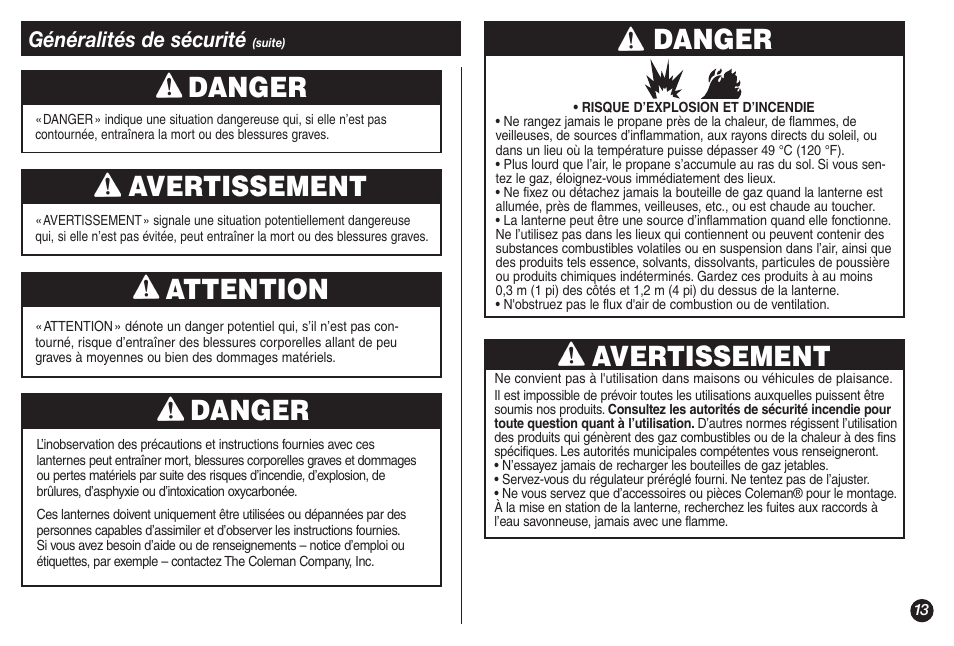 Avertissement, Danger, Attention | Coleman 5155A706 User Manual | Page 13 / 32