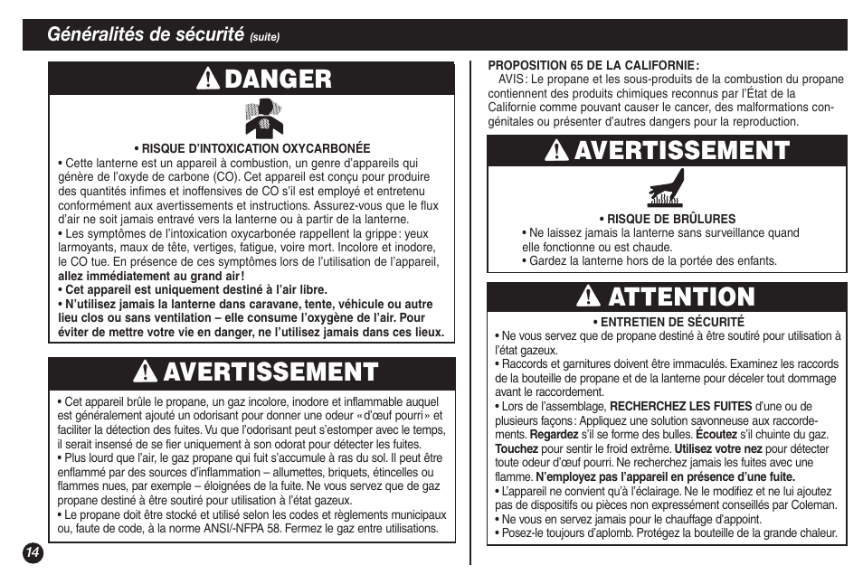 Avertissement, Attention avertissement, Danger | Coleman 5155A706 User Manual | Page 14 / 32