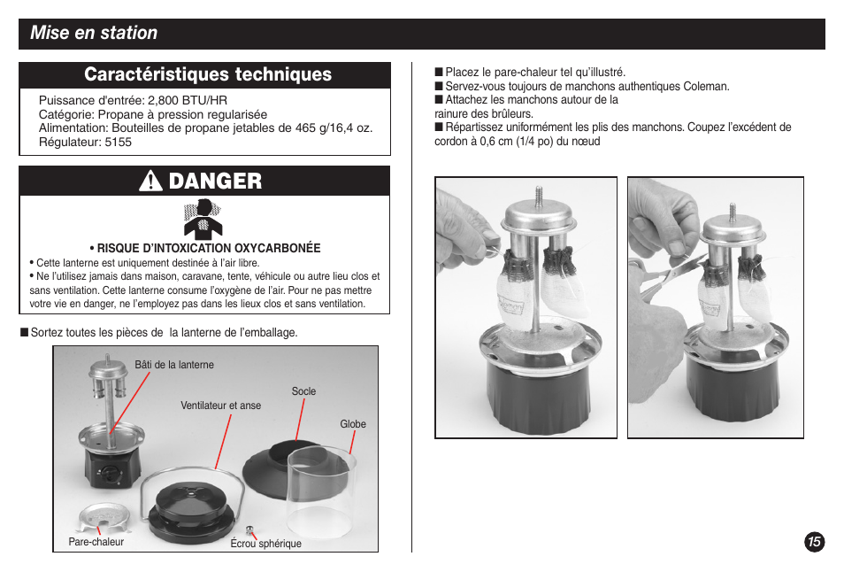 Danger, Mise en station, Caractéristiques techniques | Coleman 5155A706 User Manual | Page 15 / 32