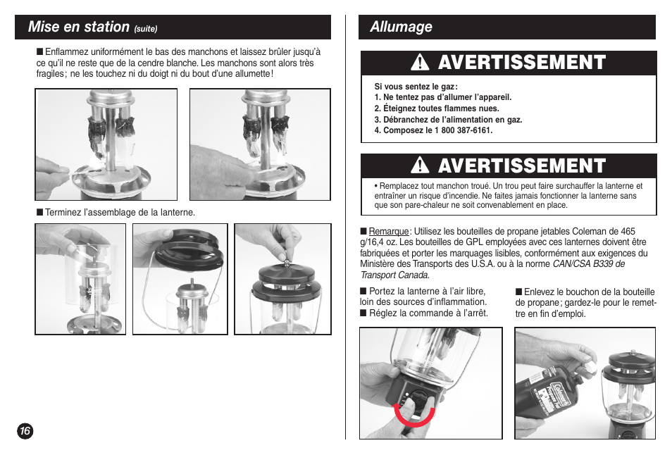 Avertissement, Mise en station, Allumage | Coleman 5155A706 User Manual | Page 16 / 32