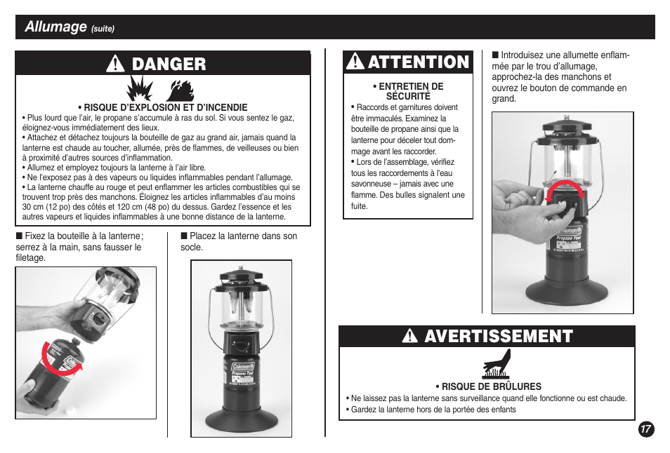 Avertissement, Danger attention, Allumage | Coleman 5155A706 User Manual | Page 17 / 32