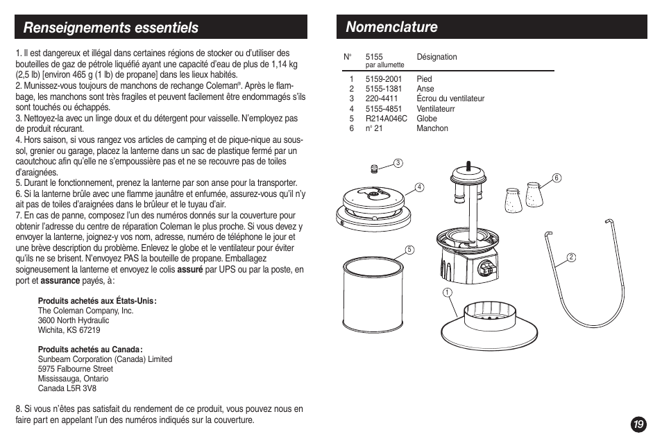 Nomenclature, Renseignements essentiels | Coleman 5155A706 User Manual | Page 19 / 32