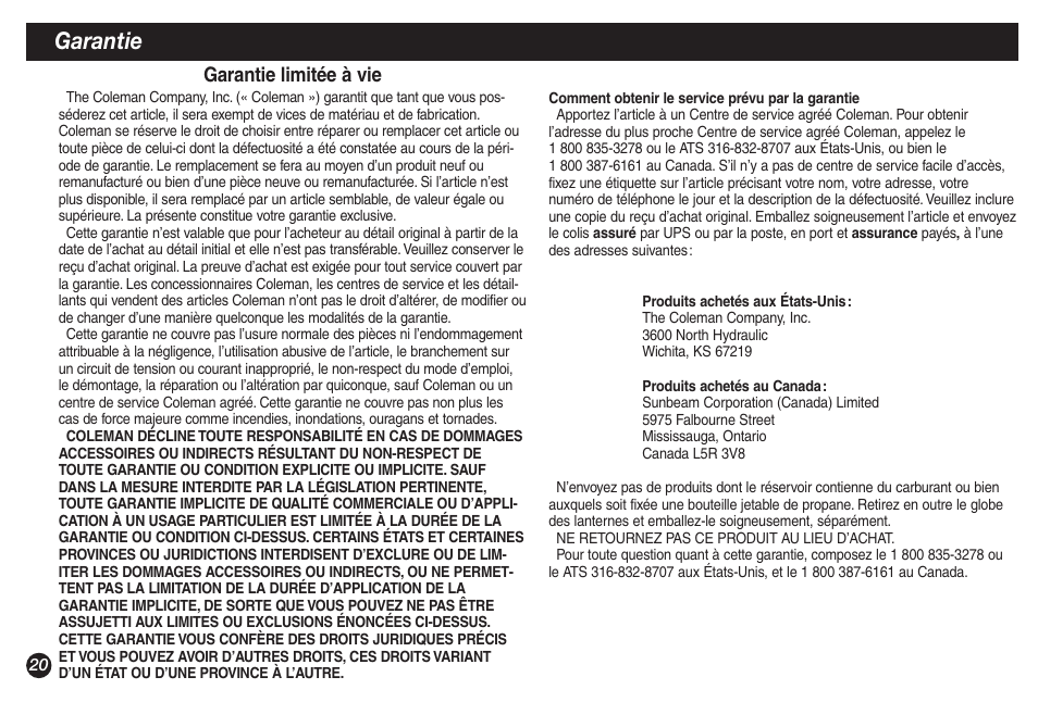 Garantie | Coleman 5155A706 User Manual | Page 20 / 32