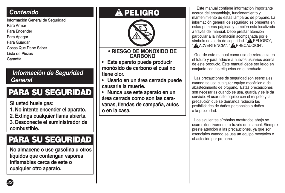 Para su seguridad, Peligro | Coleman 5155A706 User Manual | Page 22 / 32