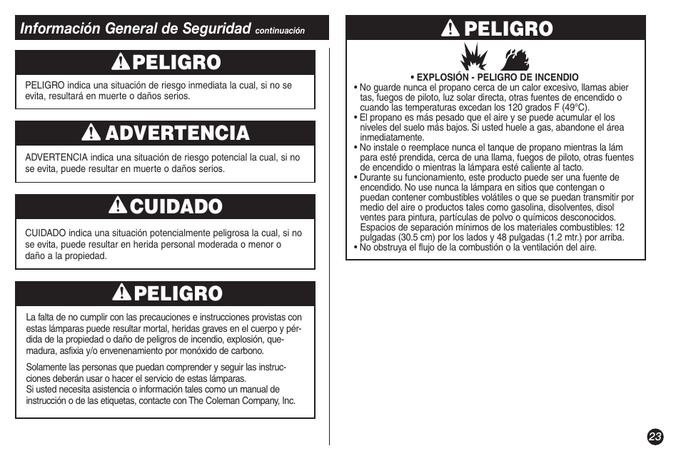 Peligro, Advertencia, Cuidado | Información general de seguridad | Coleman 5155A706 User Manual | Page 23 / 32