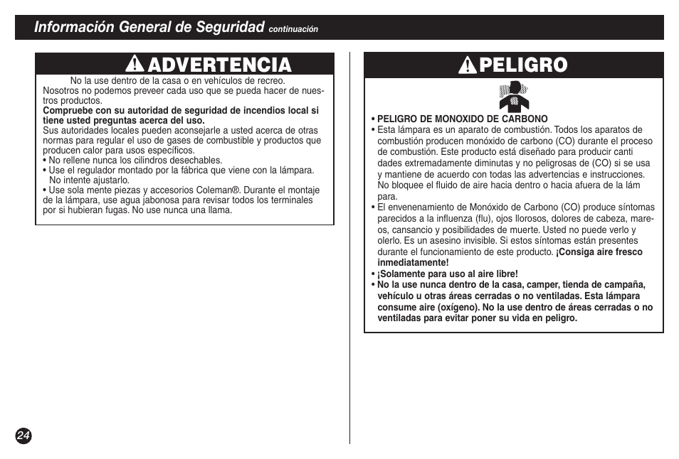 Advertencia, Peligro, Información general de seguridad | Coleman 5155A706 User Manual | Page 24 / 32