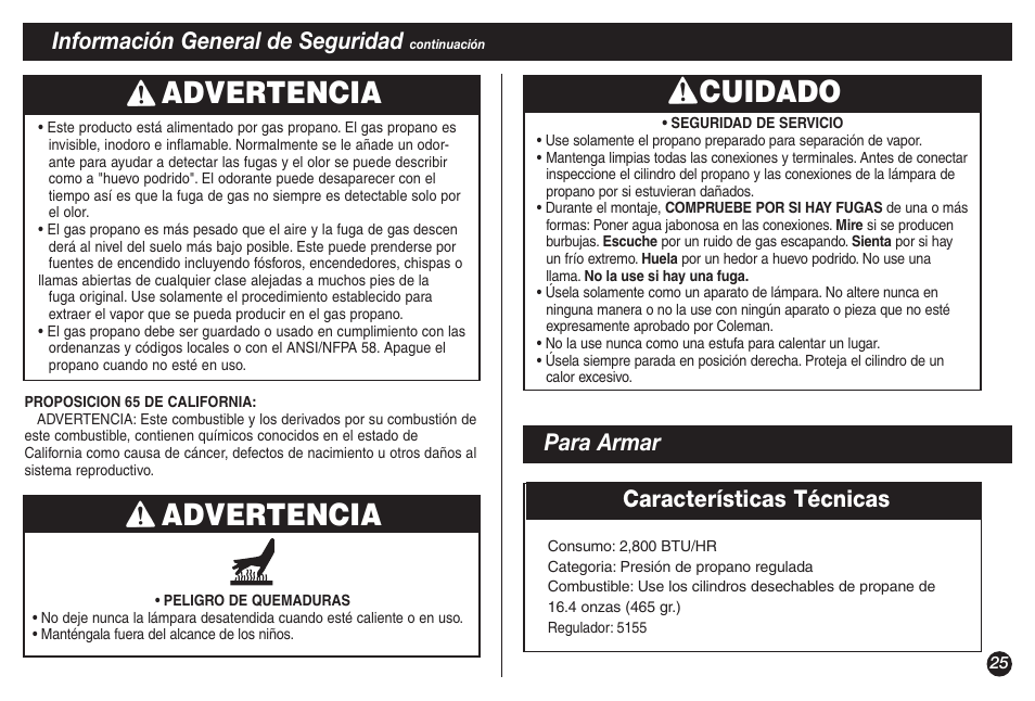 Advertencia, Cuidado advertencia, Información general de seguridad | Para armar características técnicas | Coleman 5155A706 User Manual | Page 25 / 32