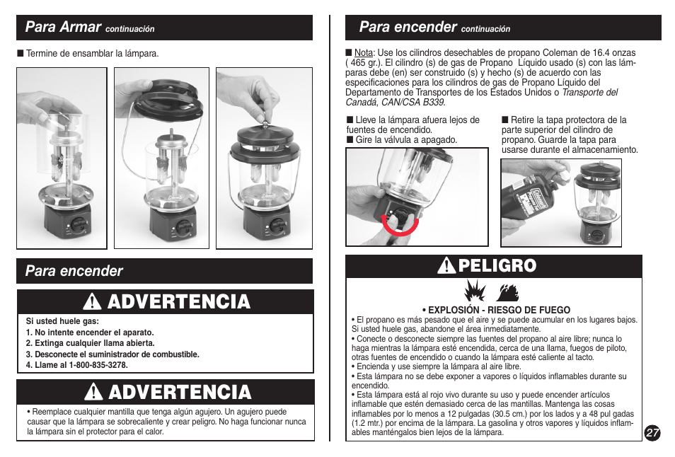 Advertencia, Peligro, Para armar | Para encender | Coleman 5155A706 User Manual | Page 27 / 32