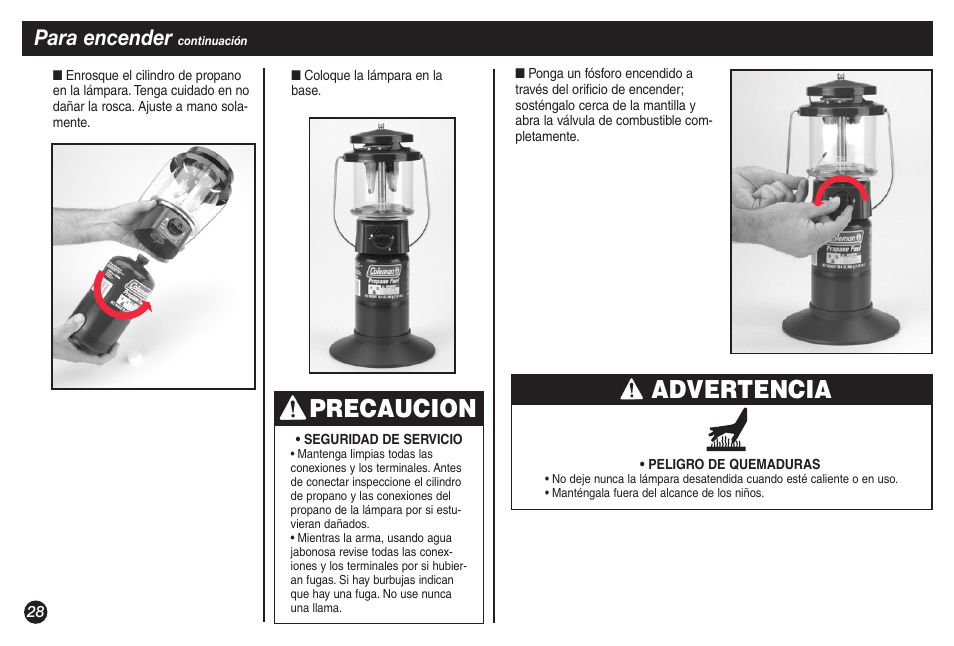 Advertencia, Precaucion, Para encender | Coleman 5155A706 User Manual | Page 28 / 32