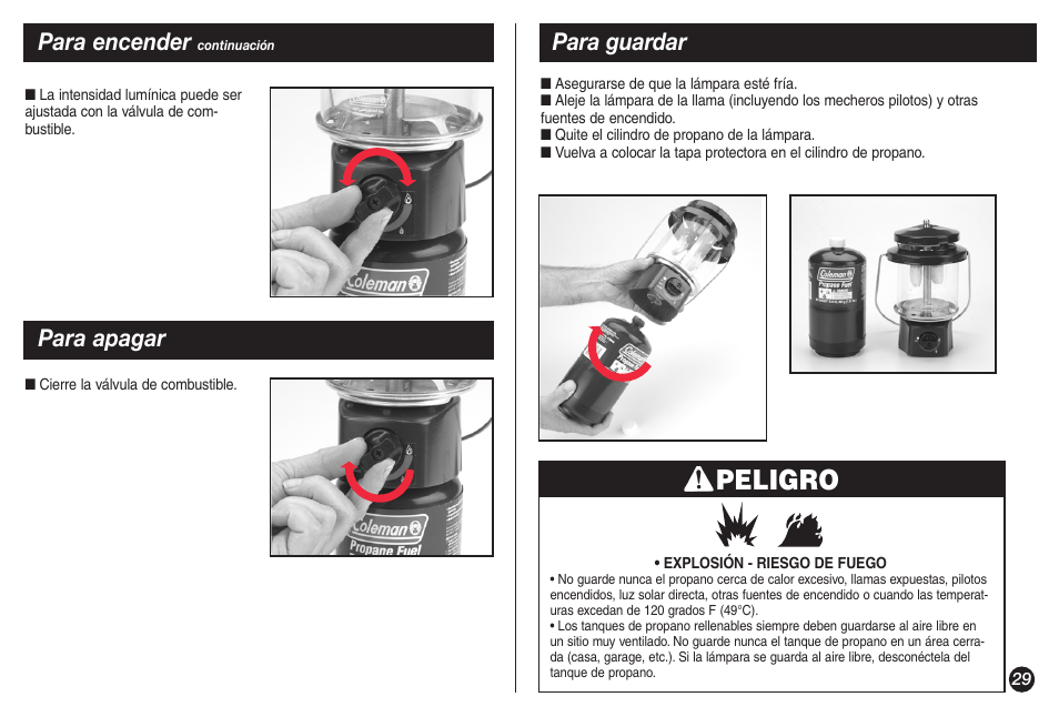 Peligro, Para guardar, Para encender | Para apagar | Coleman 5155A706 User Manual | Page 29 / 32