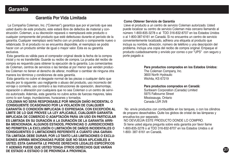 Garantía | Coleman 5155A706 User Manual | Page 31 / 32