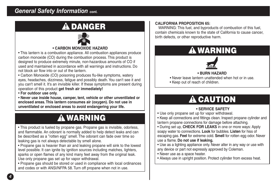 Warning, Caution warning, Danger | Coleman 5155A706 User Manual | Page 4 / 32