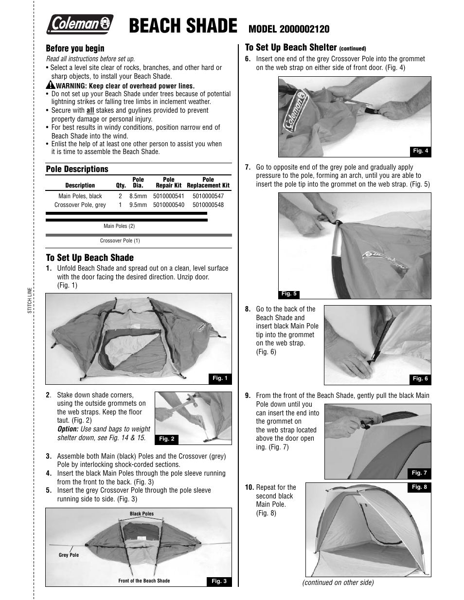 Coleman BEACH SHADE 2000002120 User Manual | 2 pages