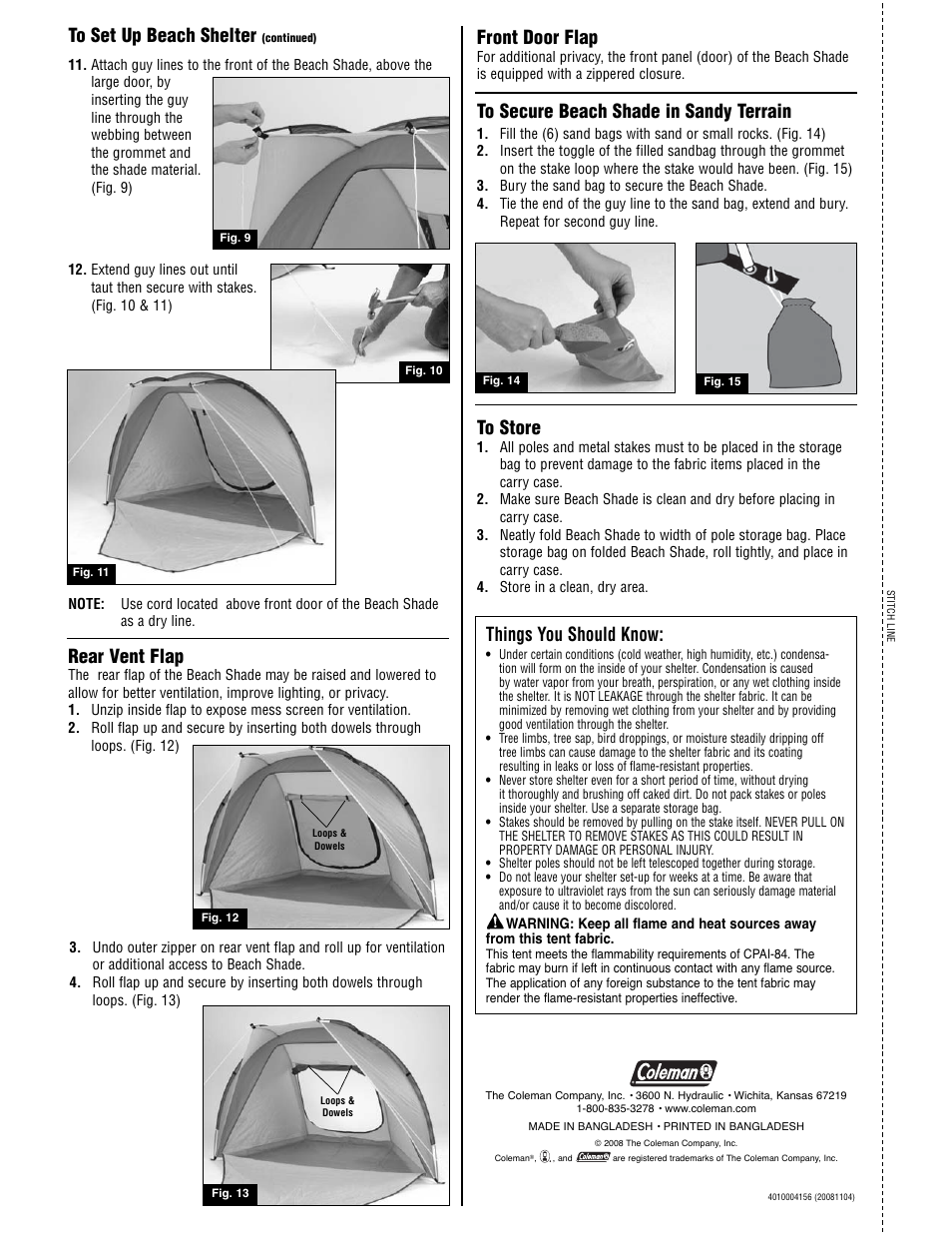 Rear vent flap, Things you should know, Front door flap | Coleman BEACH SHADE 2000002120 User Manual | Page 2 / 2