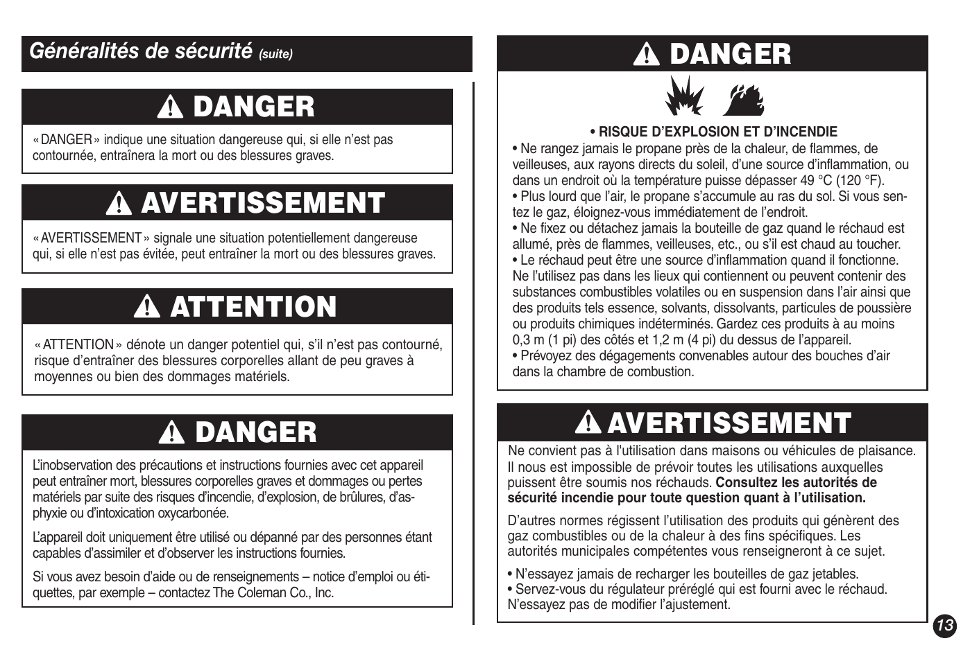 Danger, Avertissement, Danger attention | Coleman 5428A Series User Manual | Page 13 / 32