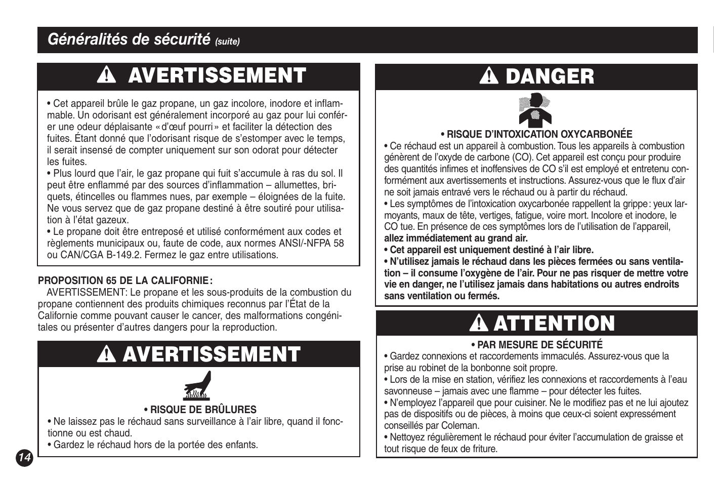 Avertissement, Attention, Danger | Généralités de sécurité | Coleman 5428A Series User Manual | Page 14 / 32