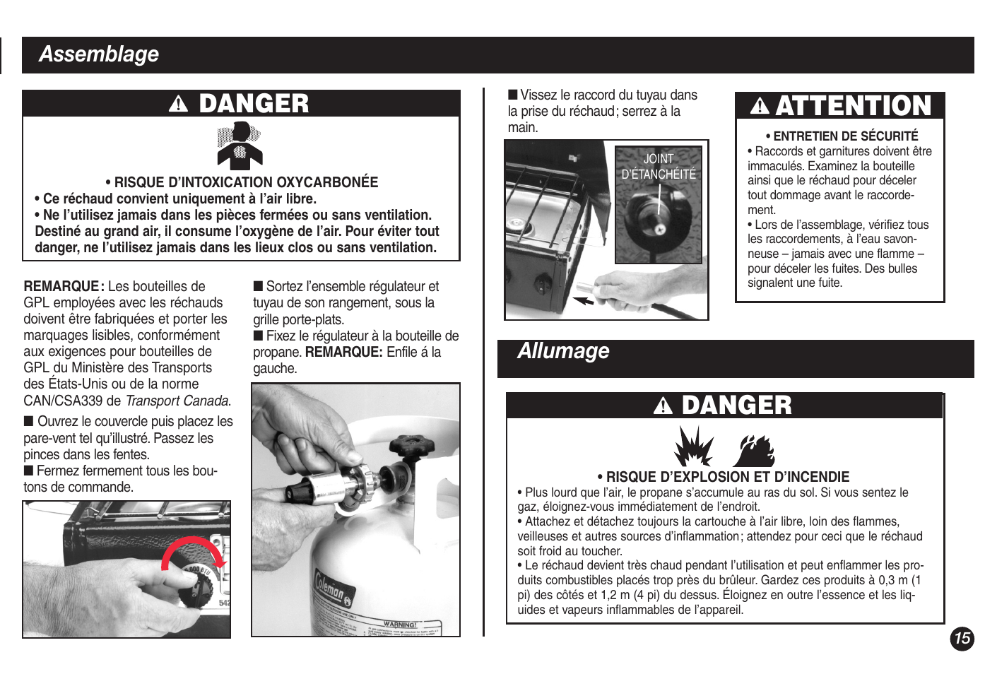 Attention, Danger, Assemblage | Allumage | Coleman 5428A Series User Manual | Page 15 / 32