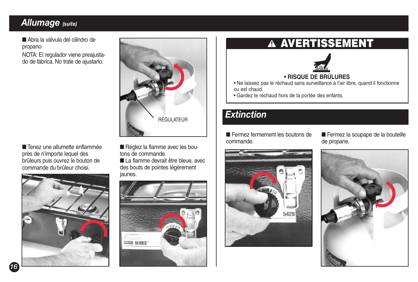 Avertissement, Allumage, Extinction | Coleman 5428A Series User Manual | Page 16 / 32