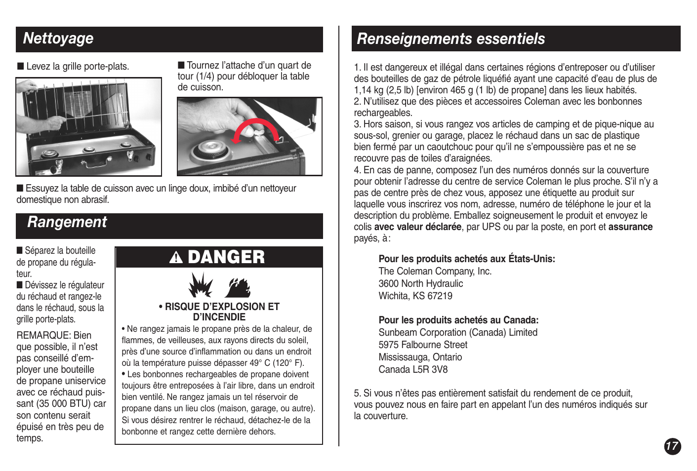 Danger, Nettoyage, Rangement renseignements essentiels | Coleman 5428A Series User Manual | Page 17 / 32