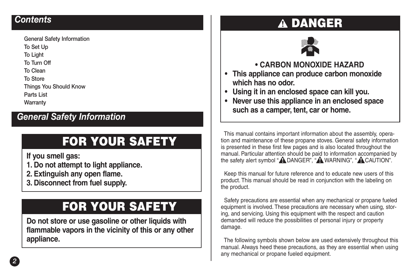 Danger, For your safety | Coleman 5428A Series User Manual | Page 2 / 32