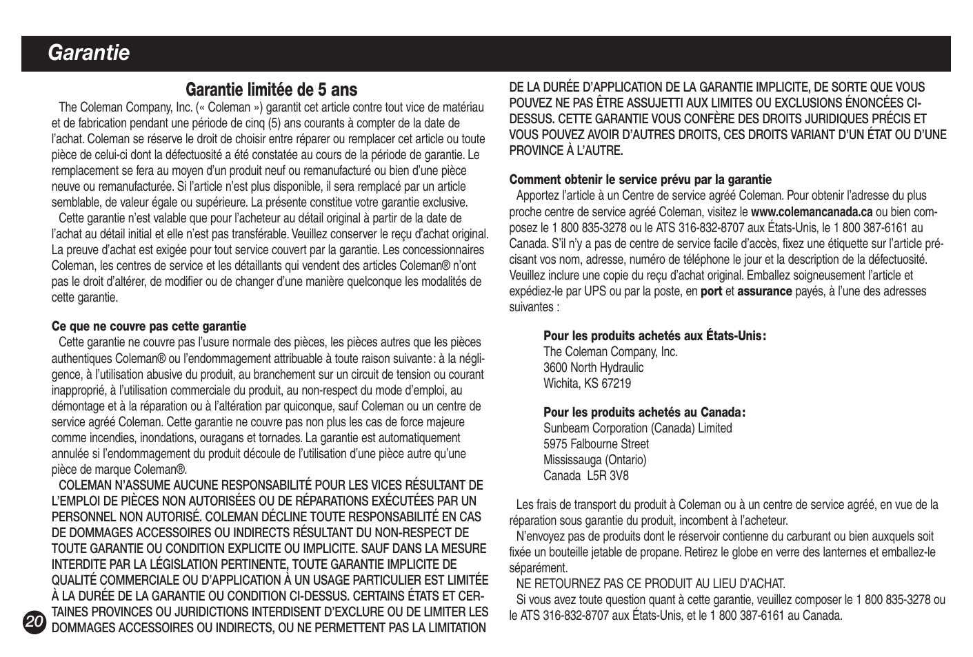 Garantie, Garantie limitée de 5 ans | Coleman 5428A Series User Manual | Page 20 / 32