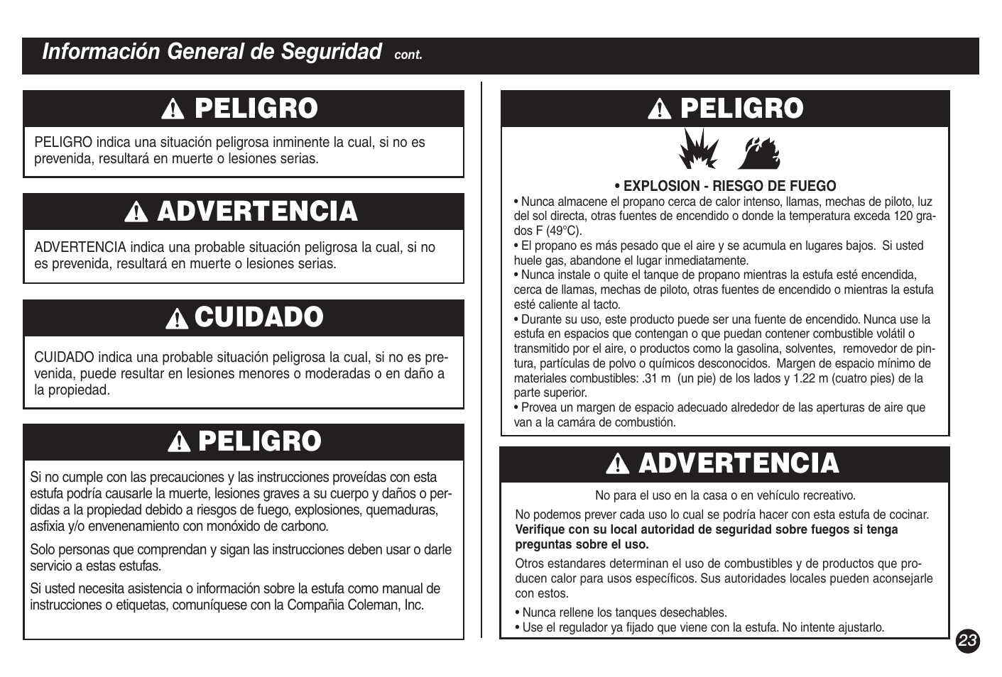 Peligro, Advertencia, Cuidado | Información general de seguridad | Coleman 5428A Series User Manual | Page 23 / 32