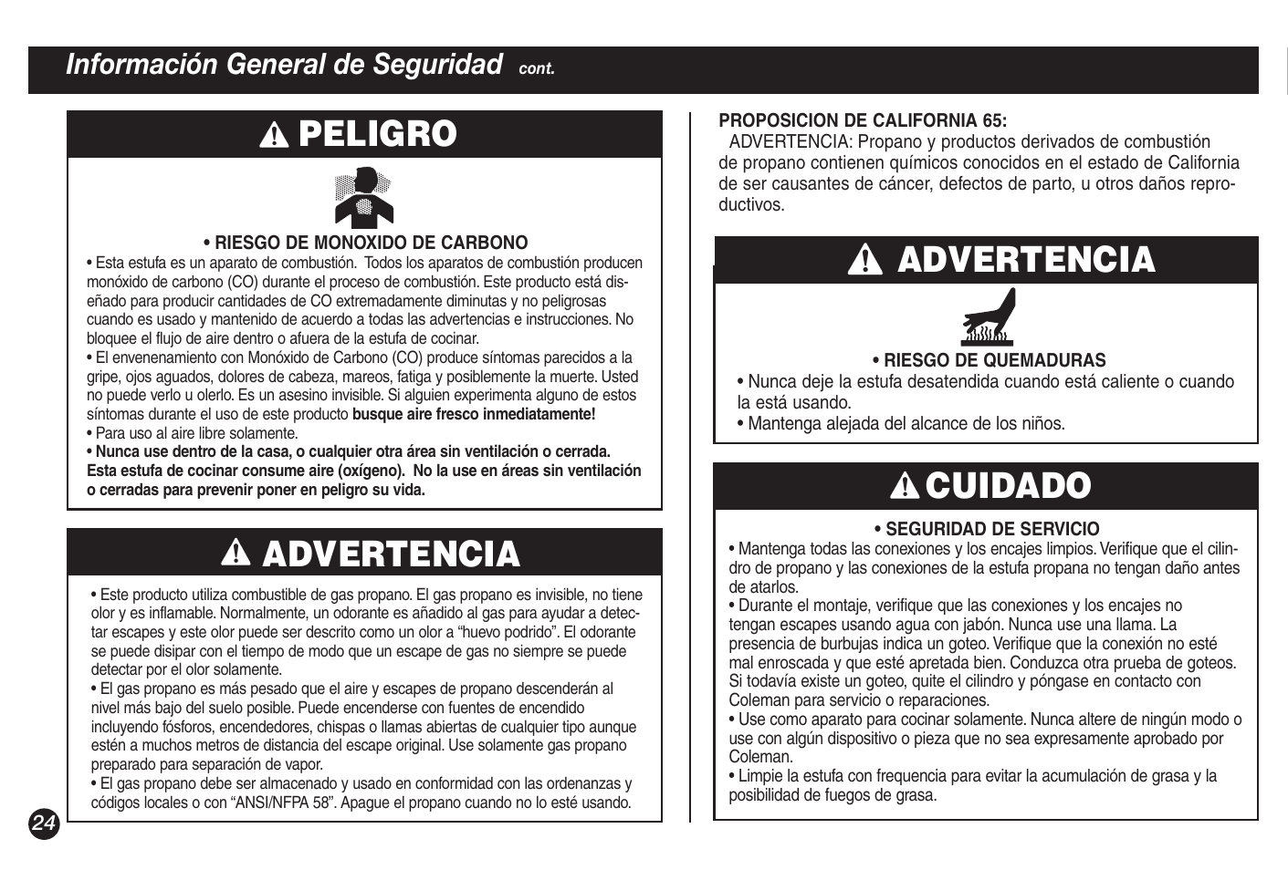 Advertencia cuidado, Advertencia, Peligro | Información general de seguridad | Coleman 5428A Series User Manual | Page 24 / 32