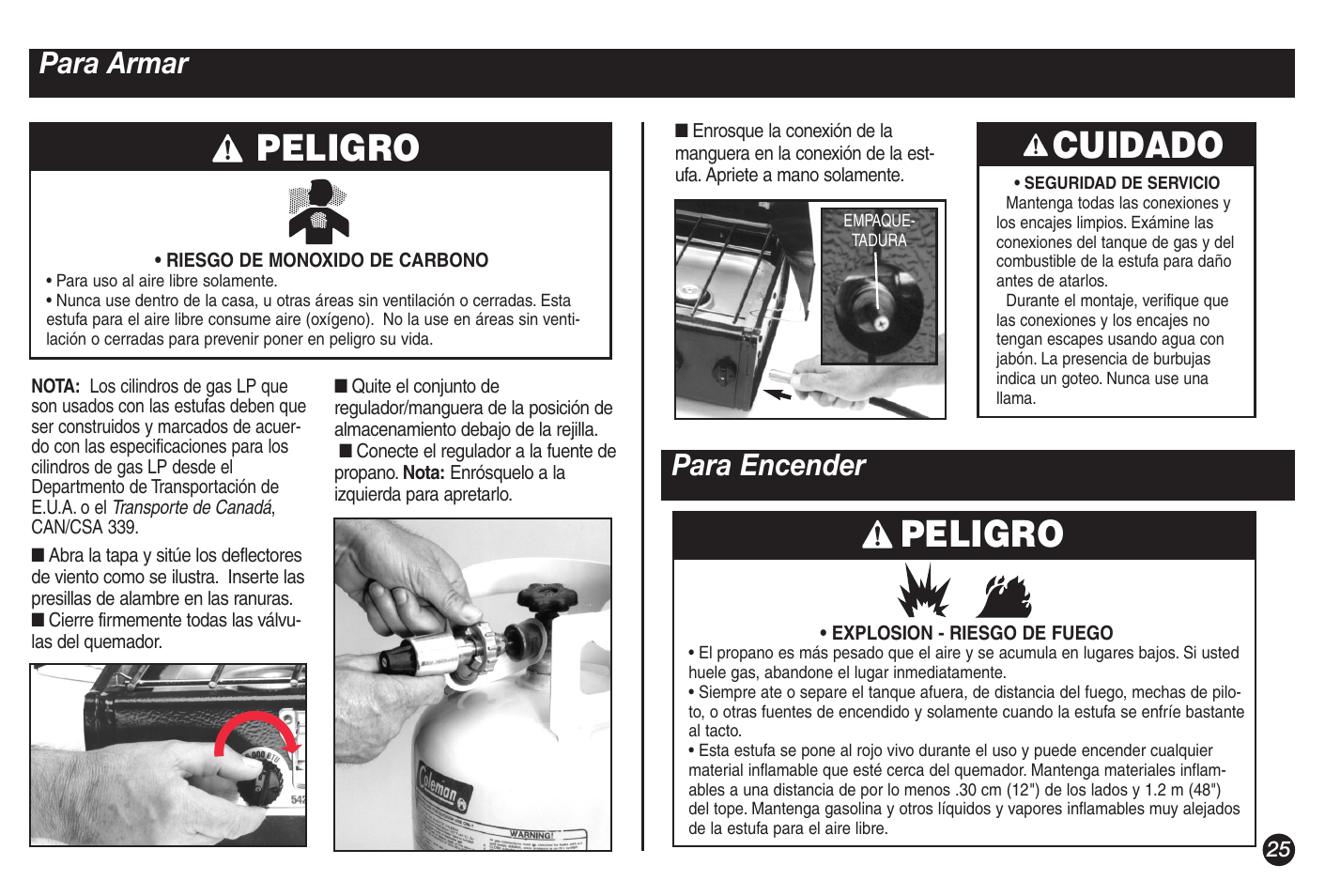 Peligro, Cuidado, Para armar | Para encender | Coleman 5428A Series User Manual | Page 25 / 32