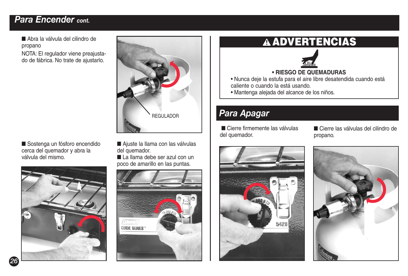 Advertencias, Para encender, Para apagar | Coleman 5428A Series User Manual | Page 26 / 32